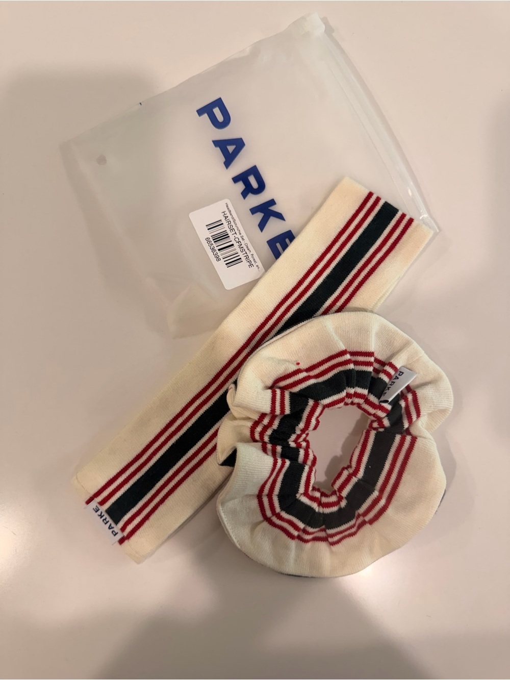 Parke Headband & Scrunchie Set Cream Forest Red Stripe NWT